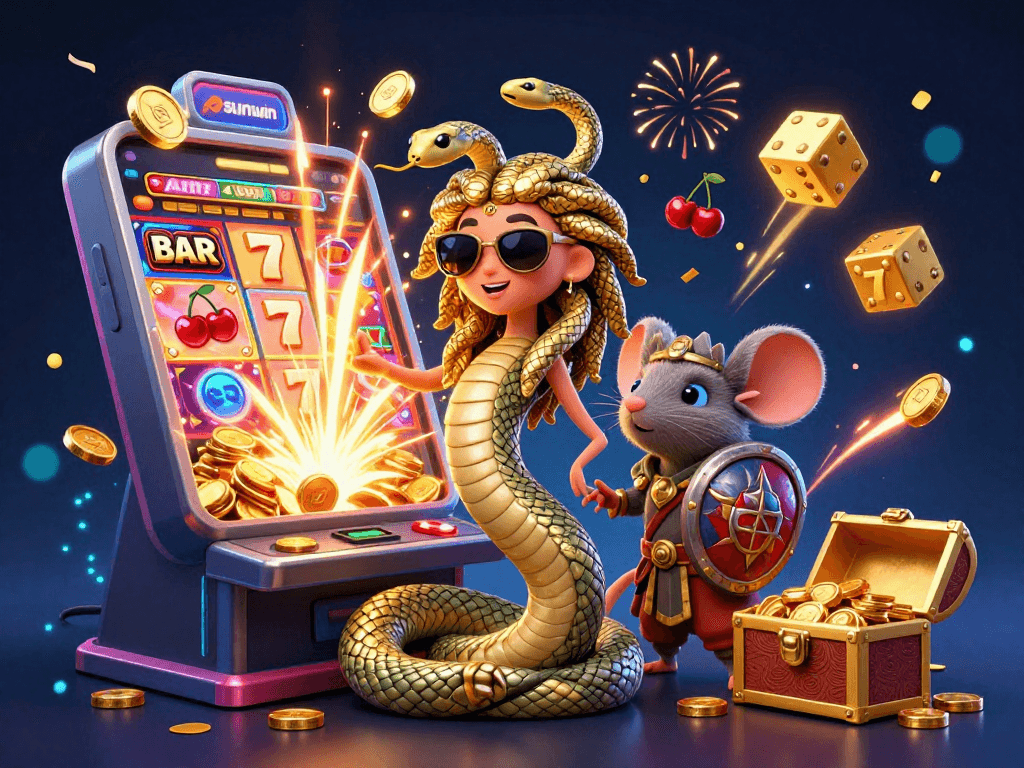 Experience excitement at sunwin with Medusa and a mouse warrior in a colorful casino scene.