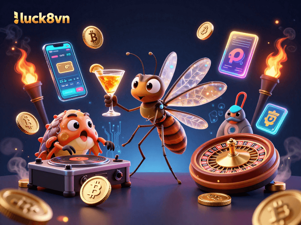 Engage with luck8vn as a lively casino mascot in an ultra-detailed 3D scene with dynamic gambling elements.