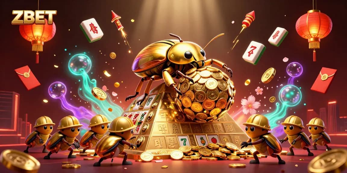ZBET showcases a vibrant slot scene with golden beetles and treasures rolling to victory.