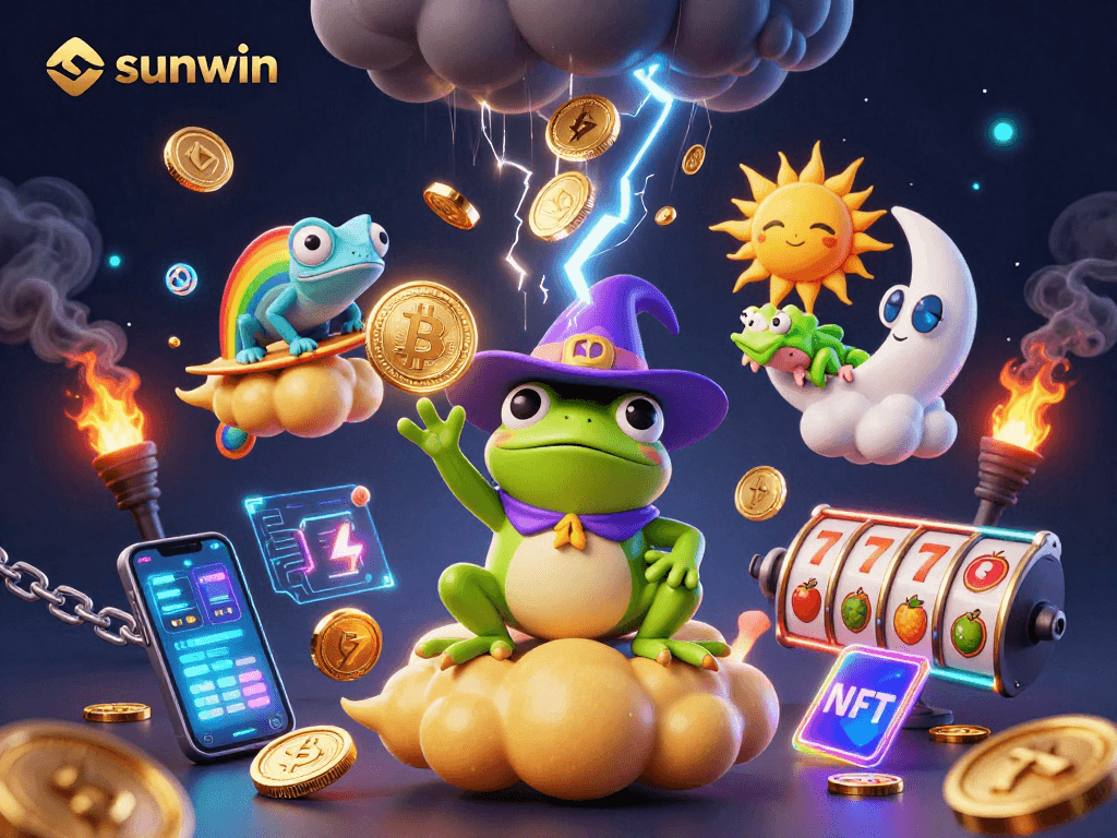 Experience the thrill of sunwin with a vibrant 3D scene of characters and golden coins.