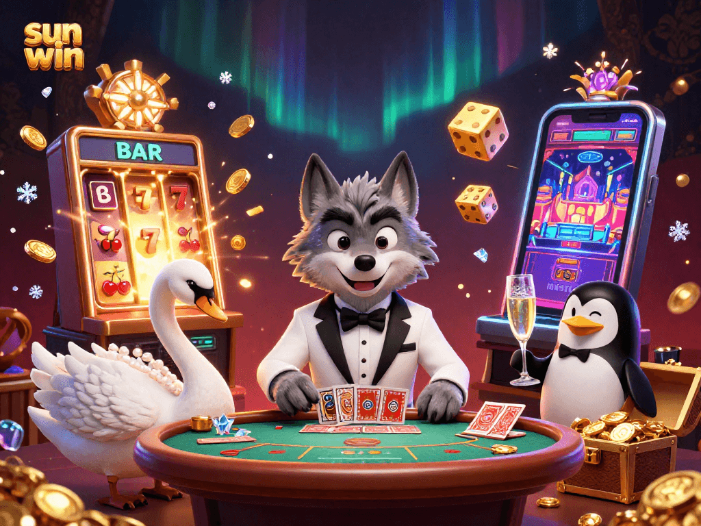 Experience thrilling games at sun win with 3D characters celebrating winnings and excitement.