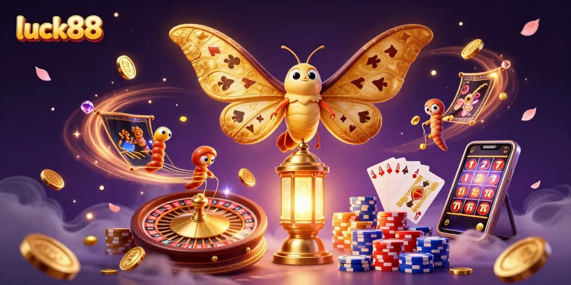 Win big with luck88 as the golden moth flies amidst a vibrant casino scene!