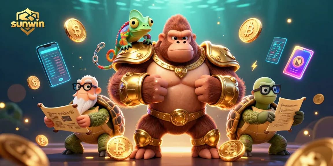 Join sunwin in an exciting casino adventure with a gorilla king, chameleon, and tortoise.
