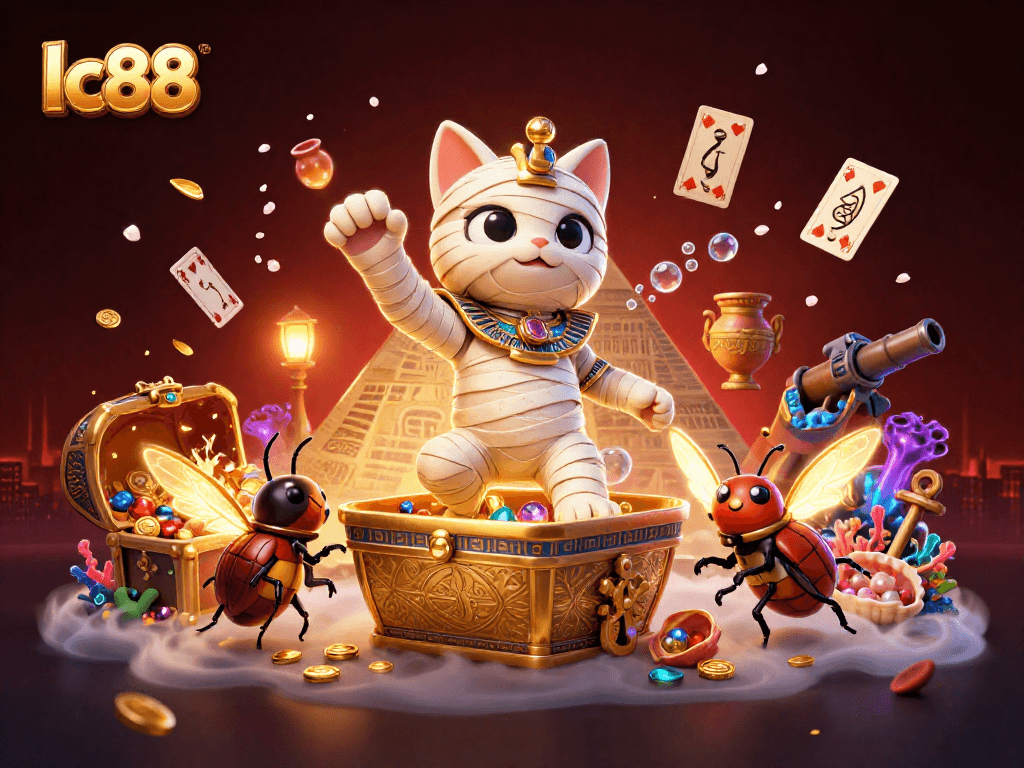 Experience thrilling gaming action with lc88 as the Egyptian mummy cat and scarab beetle light up the casino!