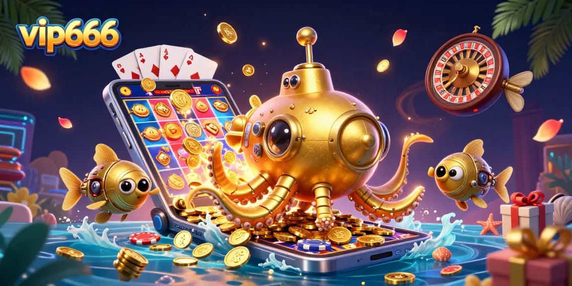 Join the adventure at vip666 with a colorful slot game, golden coins, and a whimsical kraken!