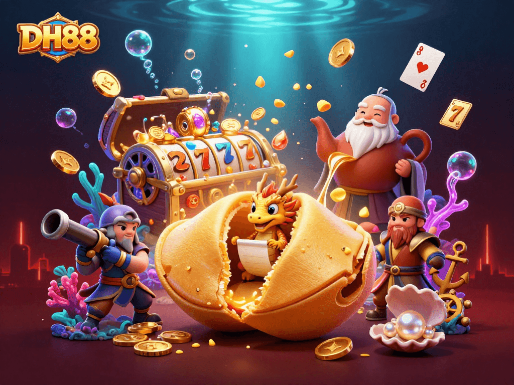 Experience thrilling gameplay at DH88 with vibrant 3D casino illustration showcasing golden treasures and dynamic game elements.