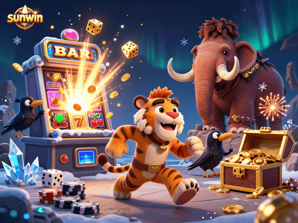 sunwin brings excitement with a vibrant 3D caveman casino scene filled with dynamic gaming elements