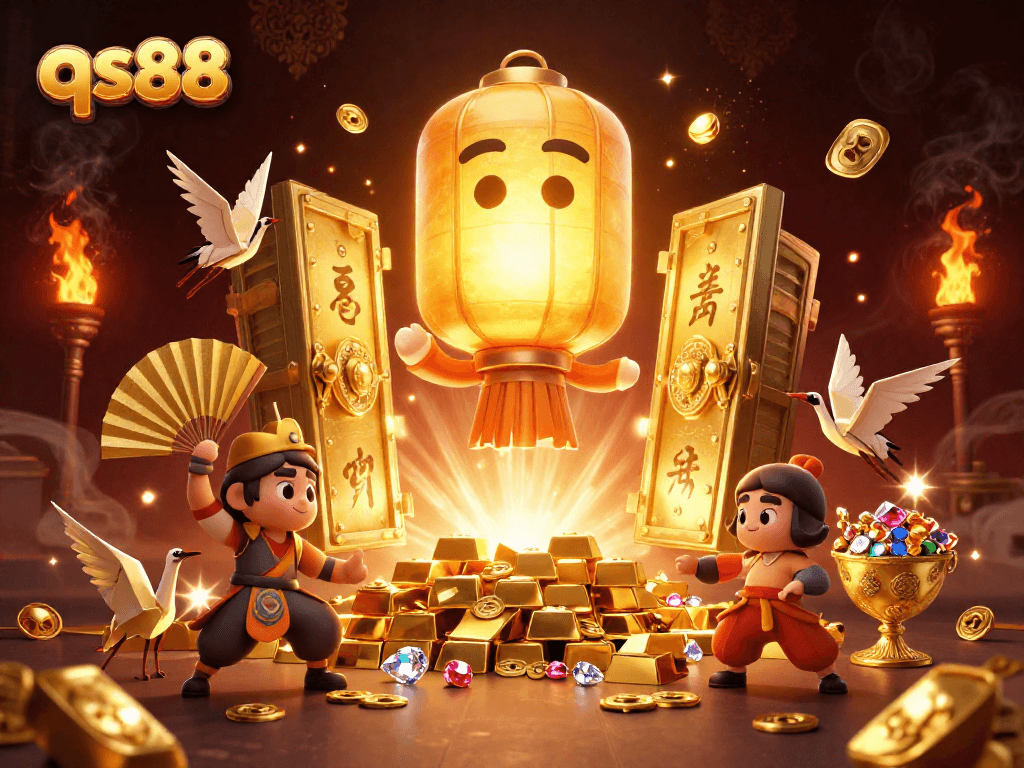 Engage with the vibrant qs88 online casino scene featuring a golden lantern spirit and treasures.