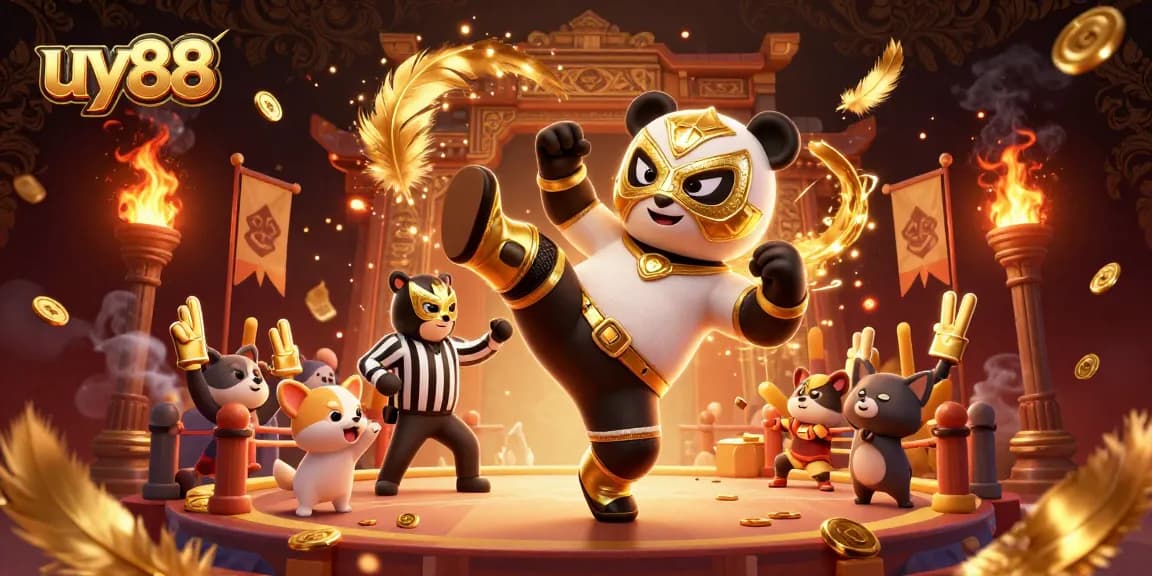Experience thrilling action at uy88 with a panda wrestler kicking alongside cheering animals in a vibrant casino arena.