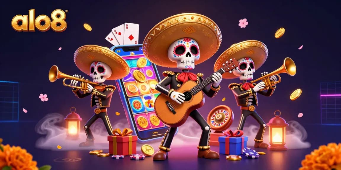 Play exciting slot games at alo8 with a vibrant mariachi band illustration, bringing fun and joy to gambling.