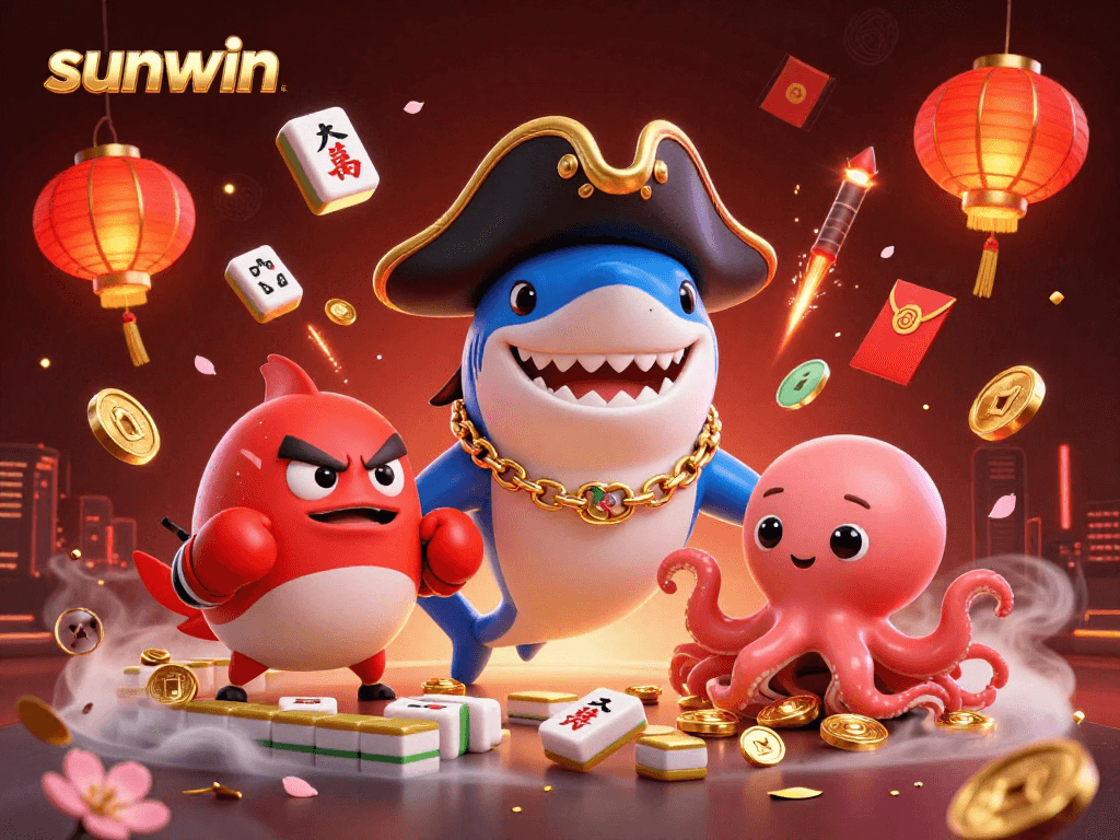 Engage with sunwin's captivating cartoon scene featuring a pirate shark, boxing pufferfish, and octopus with gold coins.