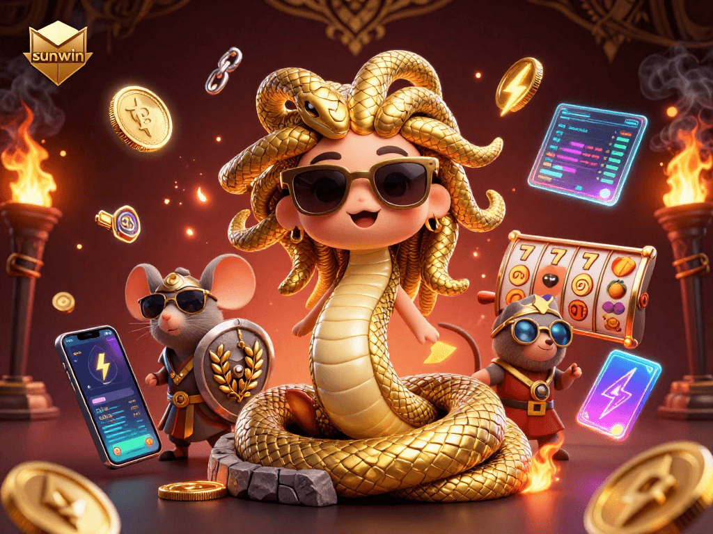 Join the excitement at sunwin with this vibrant Medusa and warrior mouse in a packed casino scene.
