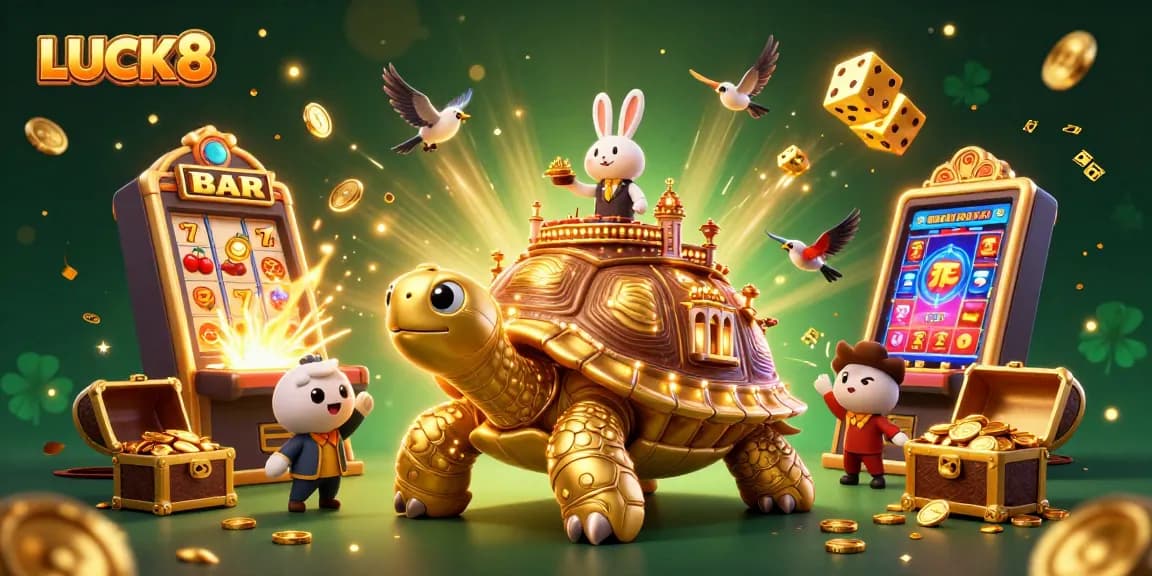 Engage with LUCK8's immersive casino world, featuring a golden tortoise and a rabbit dealer in action.