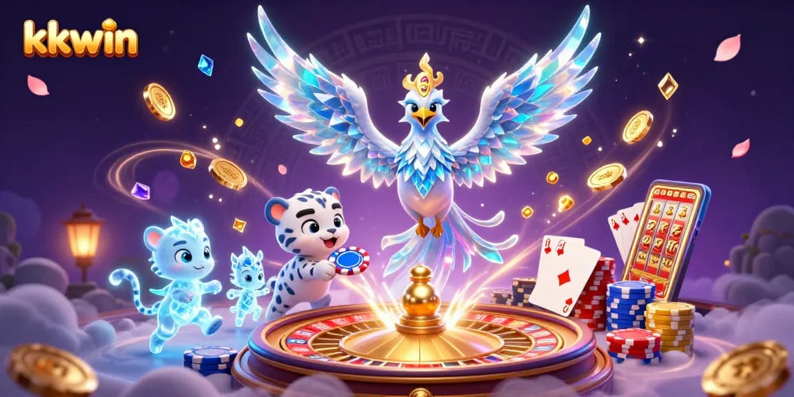 Experience thrilling gameplay at kkwin with an enchanting scene of an ice phoenix and poker chip magic.