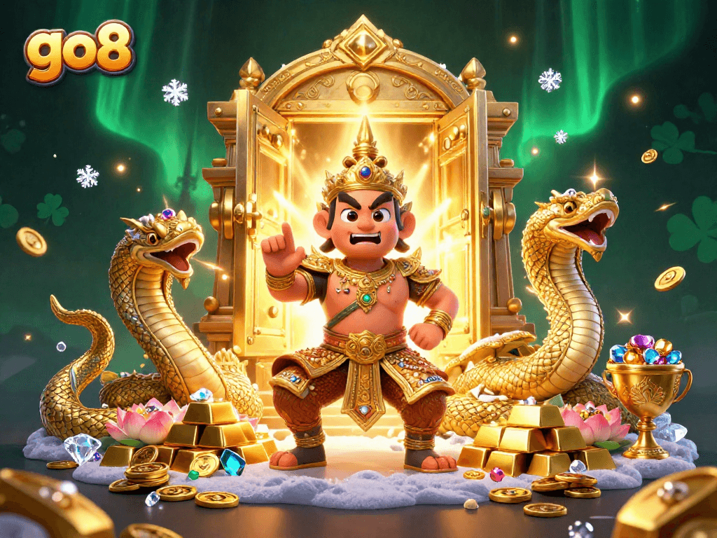 Experience the thrill of go8 casino games with friendly yaksha guardian and treasure-filled 3D scene.