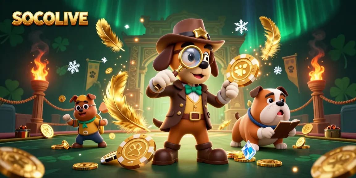 SOCOLIVE showcases a dynamic scene with a detective dog examining poker clues, capturing thrilling casino energy.