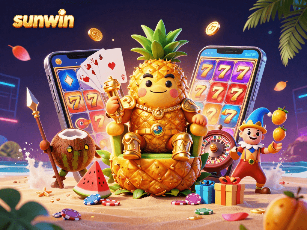 Engage with sunwin's vibrant casino world, featuring a cartoon pineapple king and immersive gaming elements.