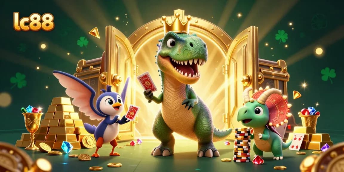 Engage with lc88’s vibrant casino world featuring a T-Rex and colorful gaming elements.
