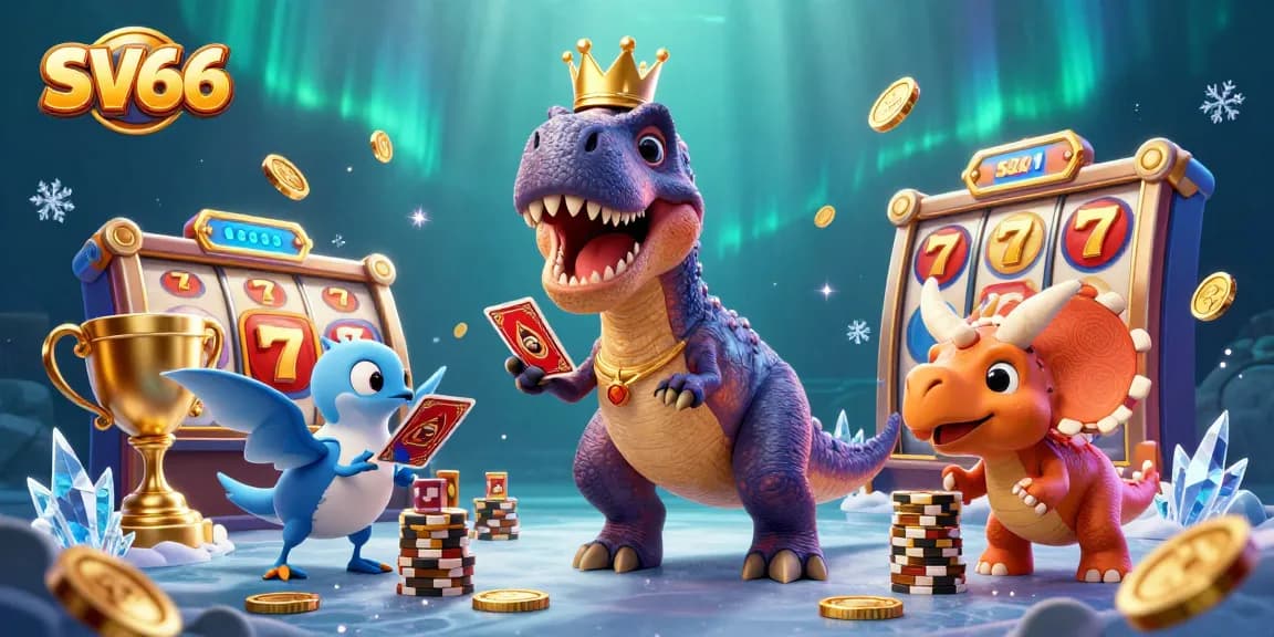 SV66 showcases a friendly T-Rex and a pterodactyl shuffling cards in a vibrant casino scene filled with golden jackpots.