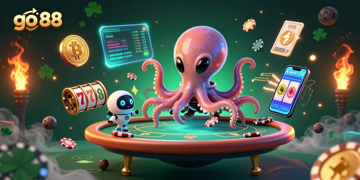 Engage with go 88's exciting alien octopus poker scene featuring vibrant crypto elements and thrilling slot symbols.