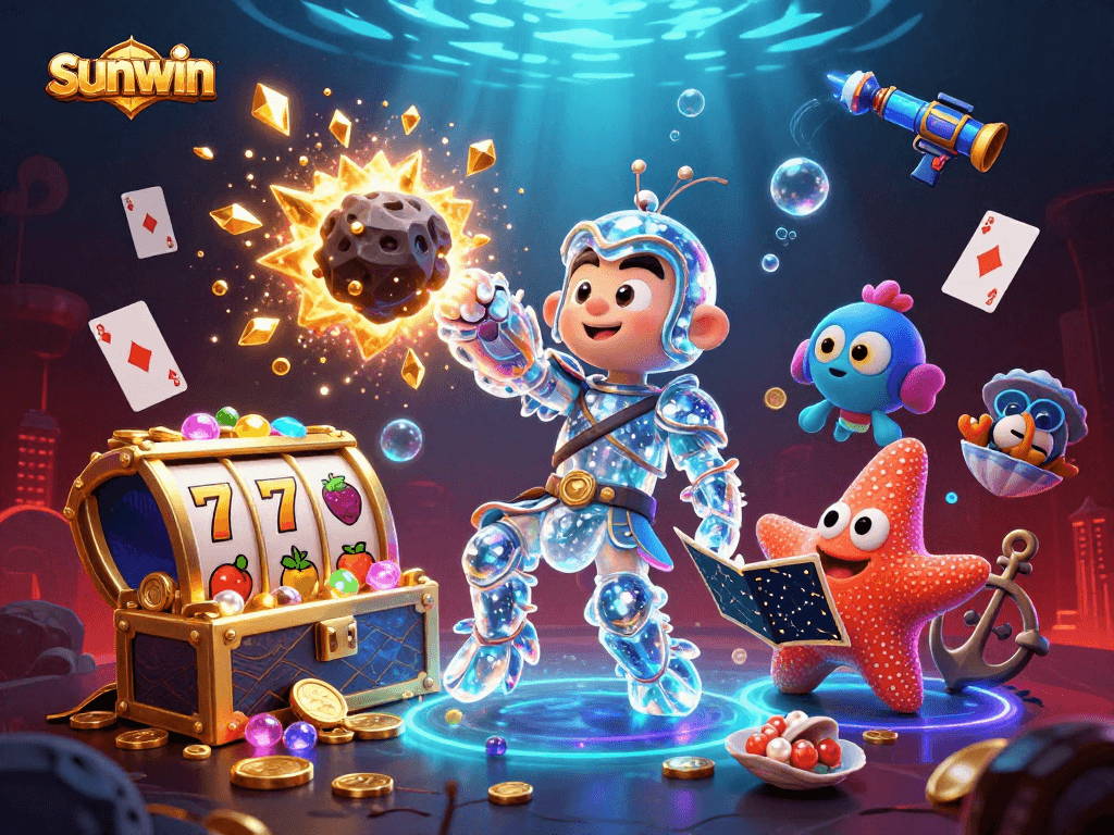 Experience sunwin slots with a captivating 3D galactic scene featuring treasure and vibrant game elements.