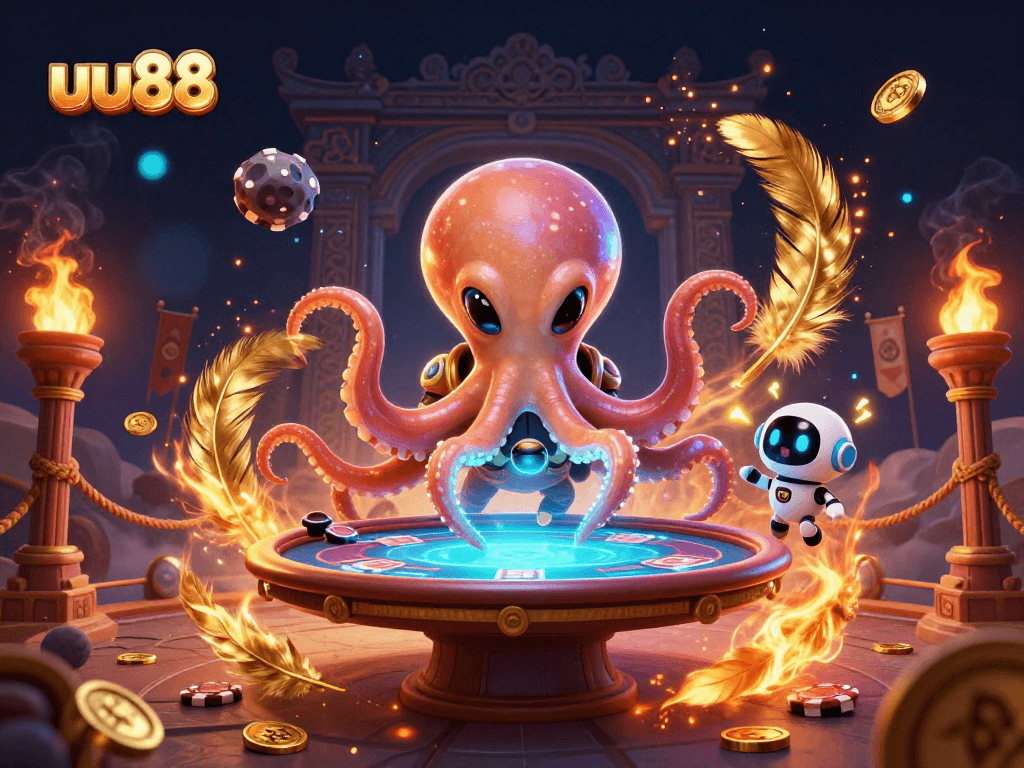 uu88 alien octopus playing poker in a vibrant 3D casino scene with dynamic game elements