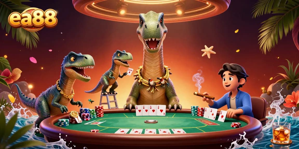 Engage with ea88 as a cartoon dinosaur oversees a lively poker game, enhancing the gaming experience.