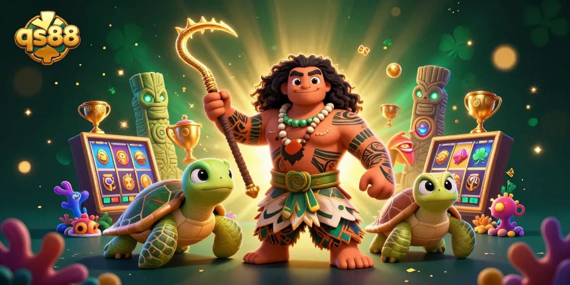 Engage in casino action with qs88 as a Maui-style demigod and turtle explore a vibrant underwater world.