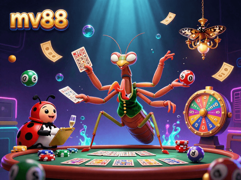 Experience excitement at mv88 with a giant praying mantis card sharp and ladybug pit boss in a vibrant casino scene.