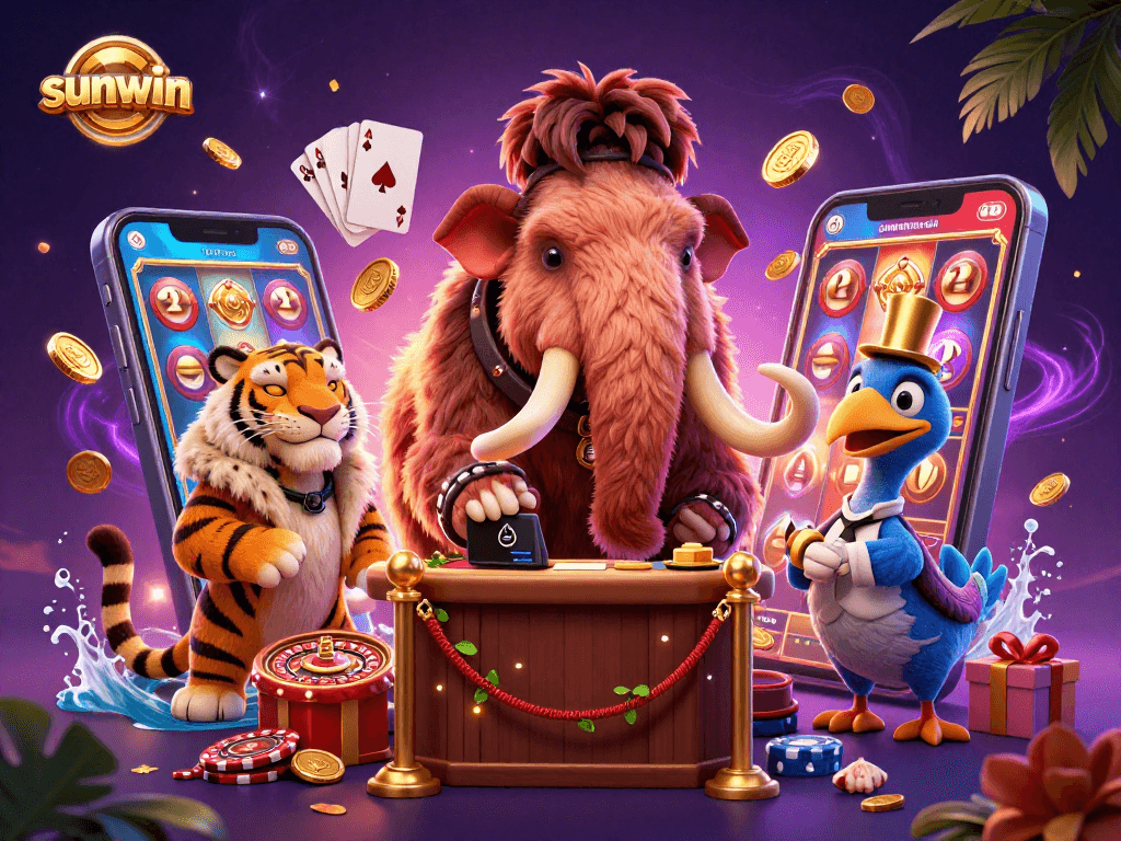 Engage with sunwin in a vibrant casino scene featuring a mammoth bouncer, a VIP saber-tooth tiger, and a dodo doorman.