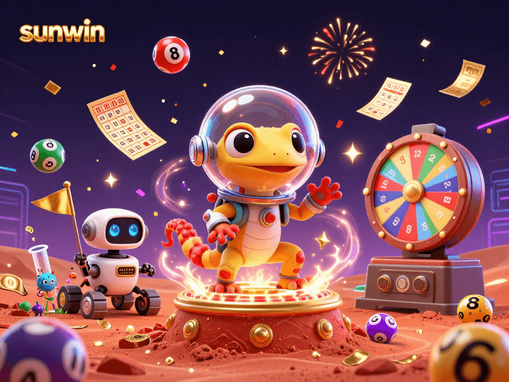 Win with sunwin at a colorful casino scene featuring lottery balls and dynamic games.