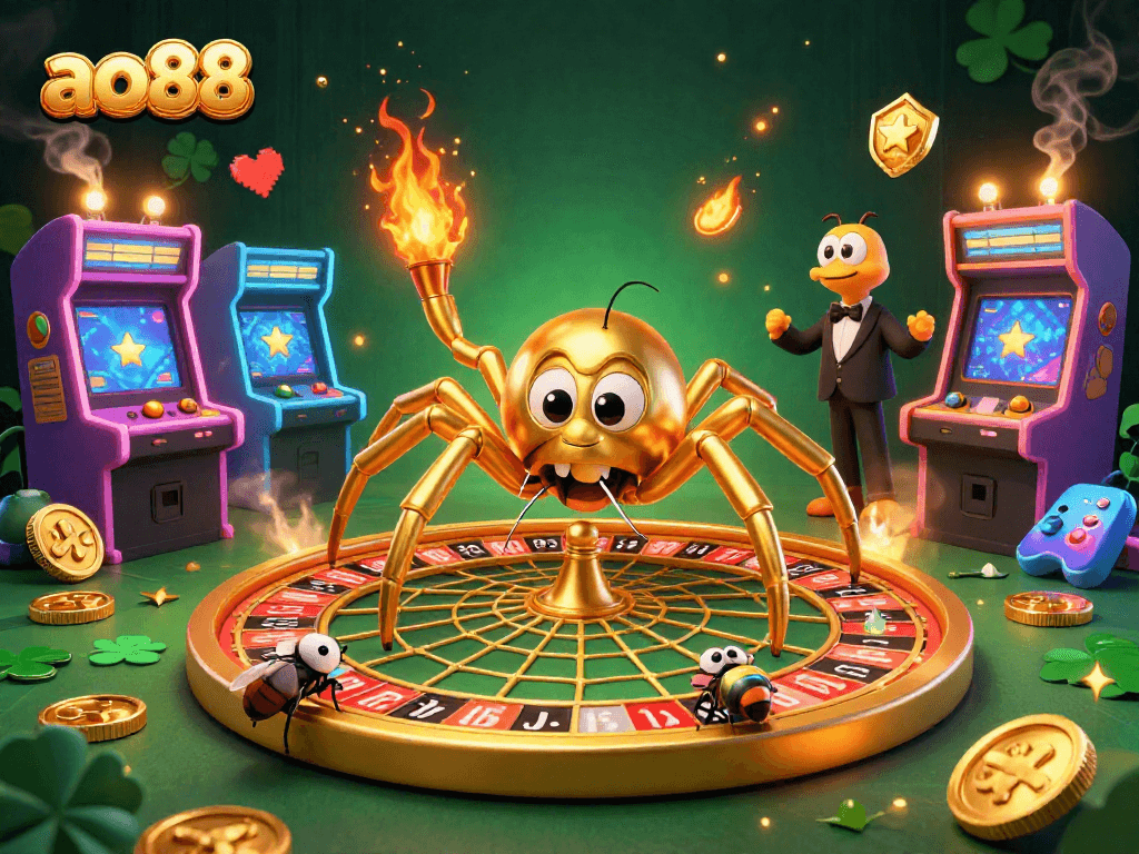 Experience the thrilling world of ao88 with a vibrant scene depicting a golden spider and centipede croupier.