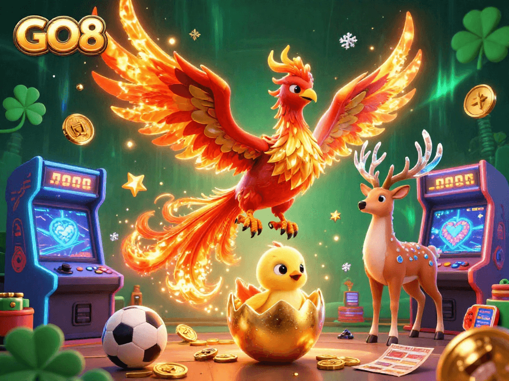 Experience the excitement of GO8 with a vibrant scene featuring a phoenix and mystical stag in a richly detailed casino environment.