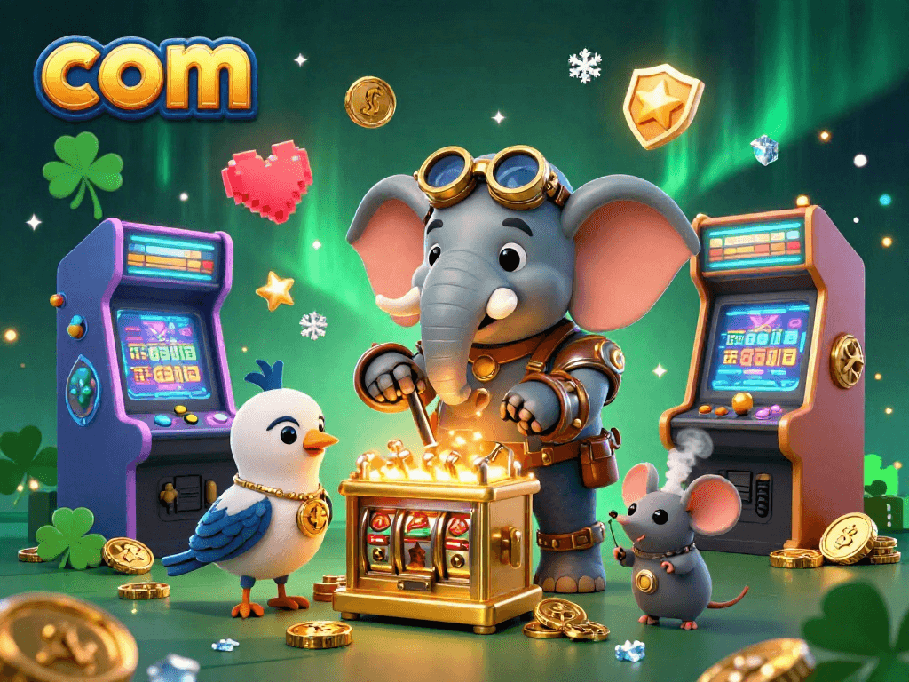Spin the golden slot machine surrounded by dazzling casino game elements on com.