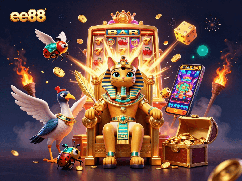 Experience the excitement of ee88 with a dynamic illustration of a cartoon Egyptian pharaoh cat amidst a jackpot explosion.