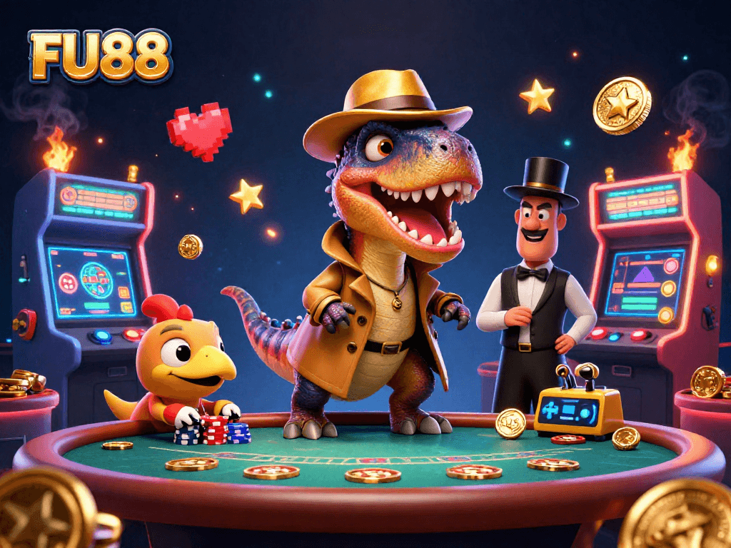 Join the excitement at FU88 casino with a cartoon velociraptor counting cards at a blackjack table.