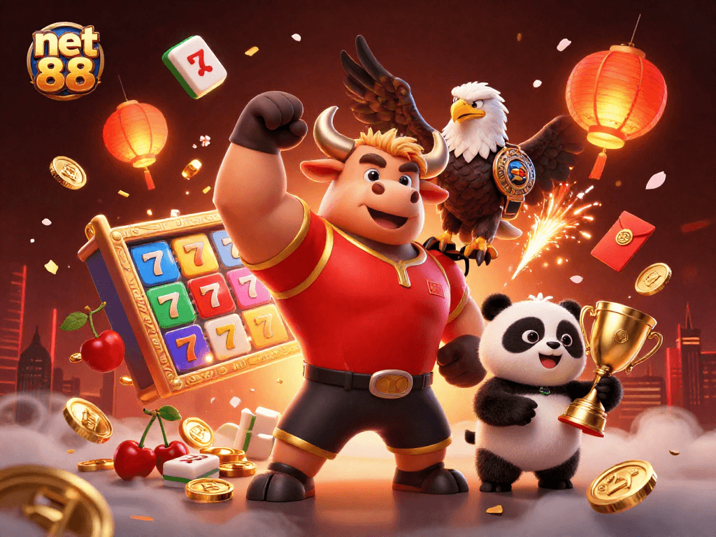 Play slots and win with net 88 featuring vibrant characters and lively casino elements.