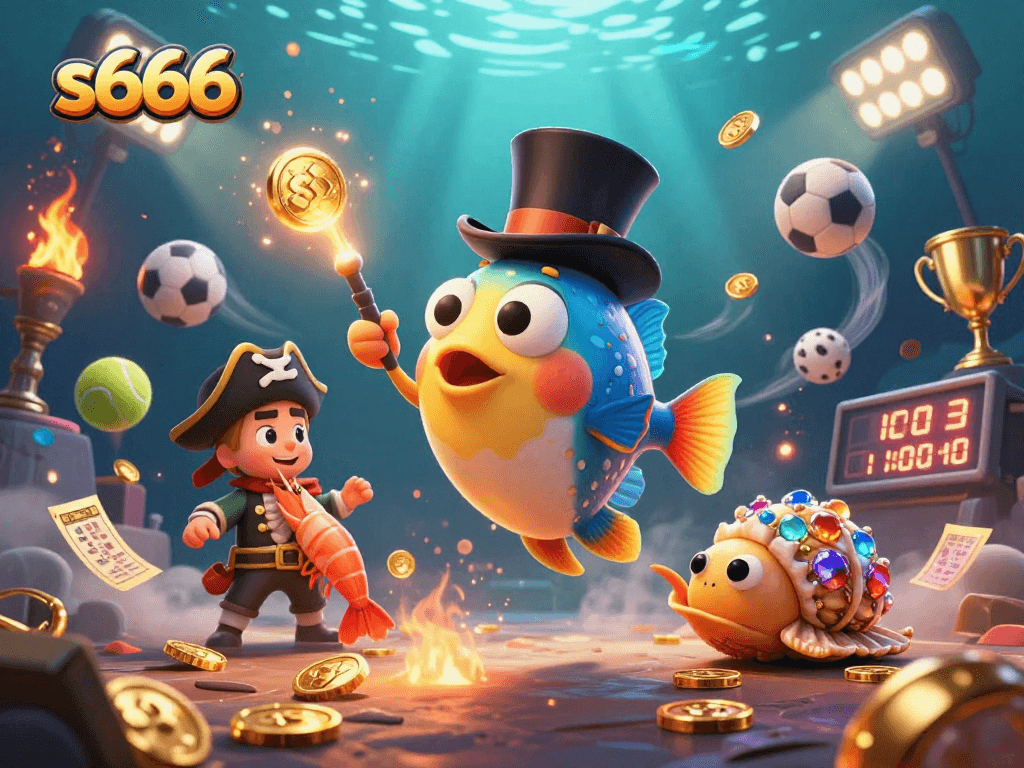 Score big with s666's thrilling games, featuring an anglerfish attracting coins amid dynamic sports and casino elements.