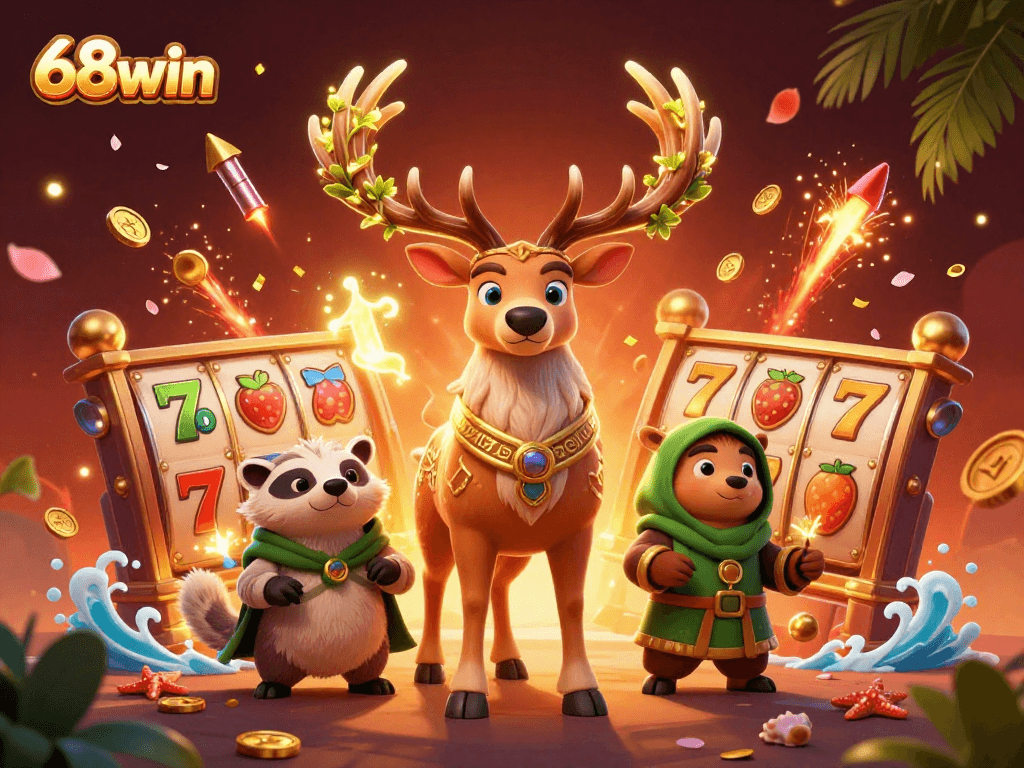 Experience exhilarating gameplay at 68win, surrounded by dynamic slot reels, golden coins, and festive confetti.