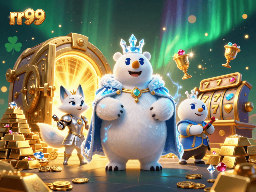 Spin and win with rr99 at the vibrant casino scene capturing the thrill of slots and treasures.