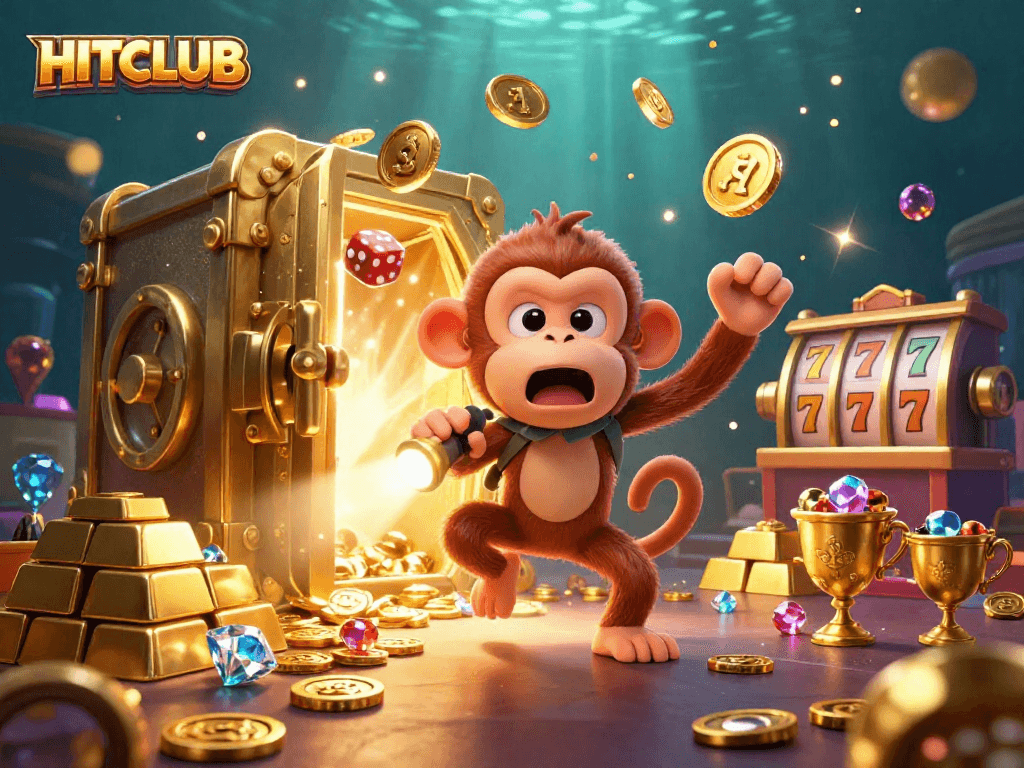 Engage with HITCLUB's thrilling 3D scene showcasing lively casino action and golden treasures.