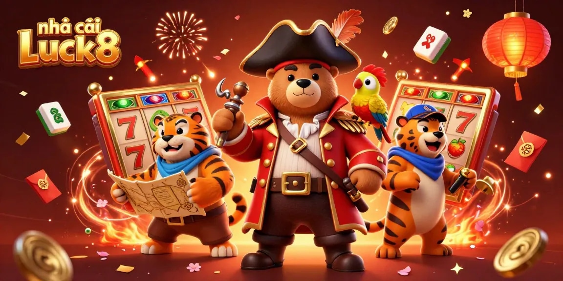 Experience the thrill of winning at nhà cái Luck8 with vibrant 3D casino characters and festive elements.