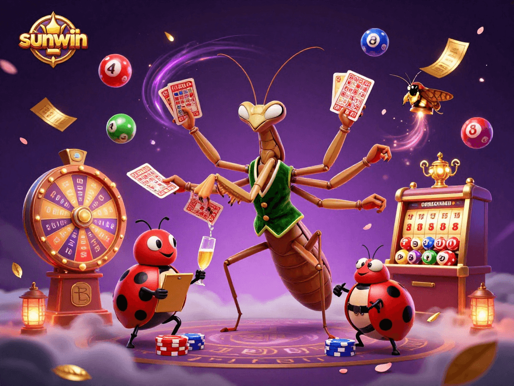 Experience the excitement of Sunwin casino with a vibrant 3D illustration featuring a lively mantis dealer and lottery elements.