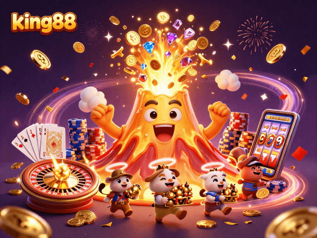 king88 features a triumphant golden volcano erupting coins and gems with tiny explorers escaping treasures