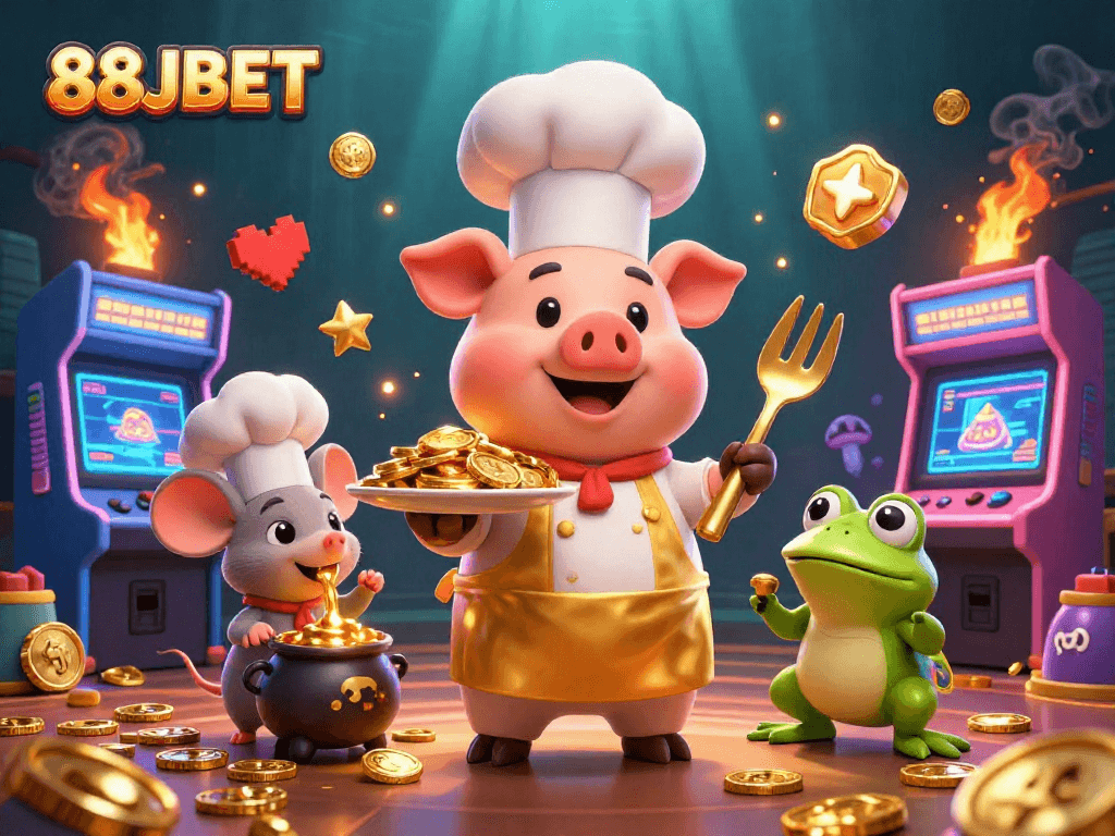 Experience the excitement of 88JBET with a vibrant 3D illustration featuring a chef pig and his sous-chef.