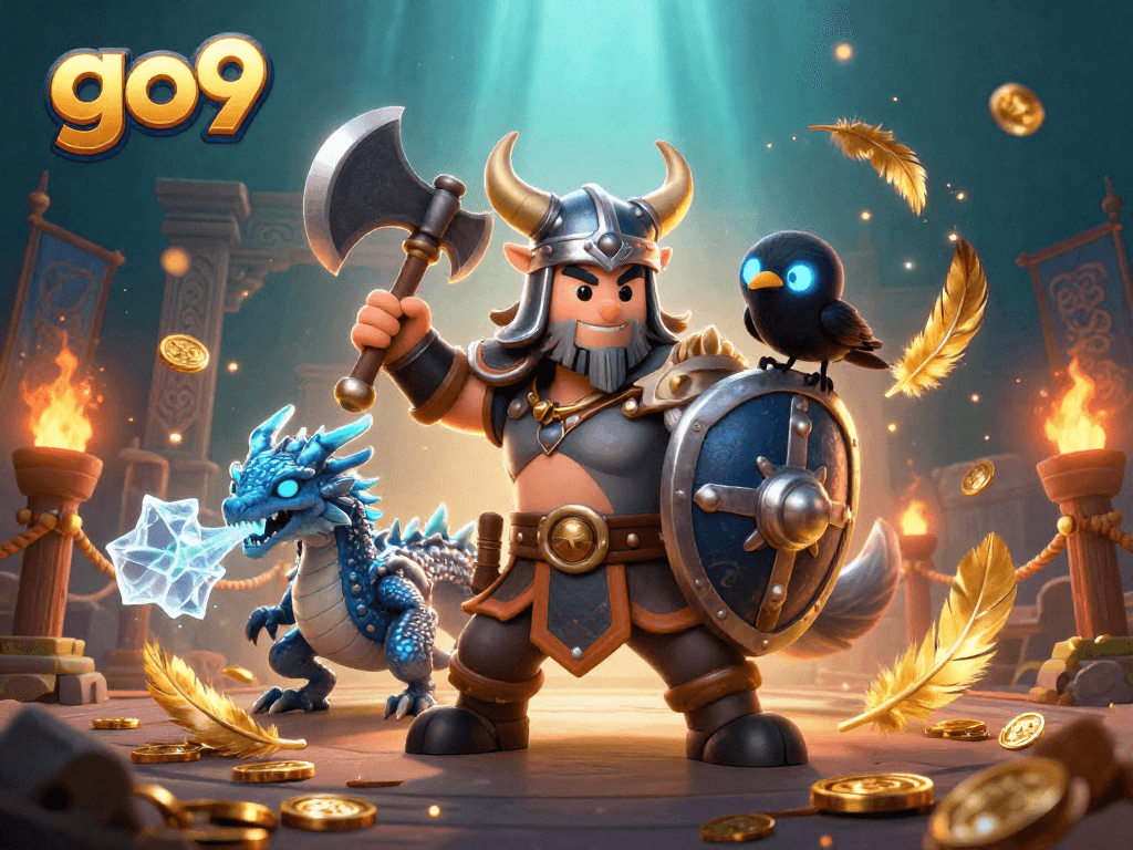 Win big with go9 as a Viking wolf warrior, fierce dragon, and raven in an epic casino scene.