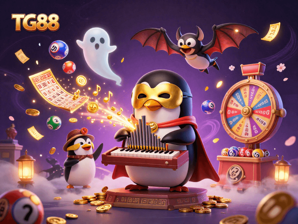 Experience the excitement of TG88 with a dynamic penguin conductor and vibrant lottery elements.