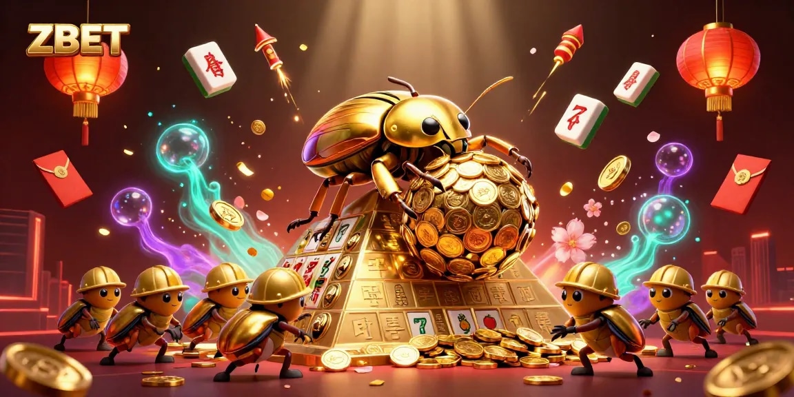 ZBET showcases a vibrant slot scene with golden beetles and treasures rolling to victory.