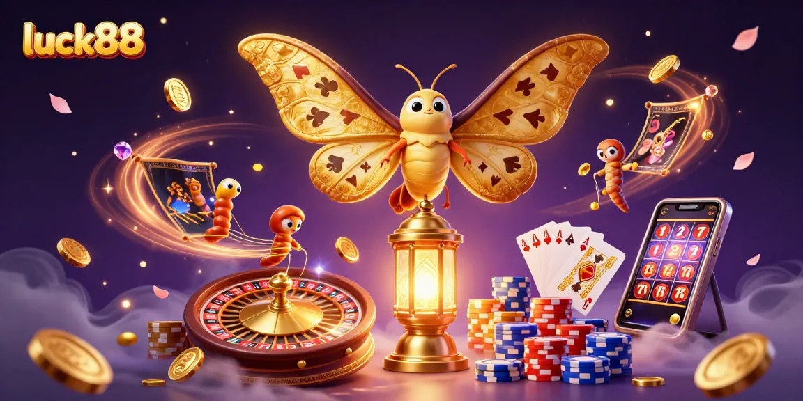 Win big with luck88 as the golden moth flies amidst a vibrant casino scene!