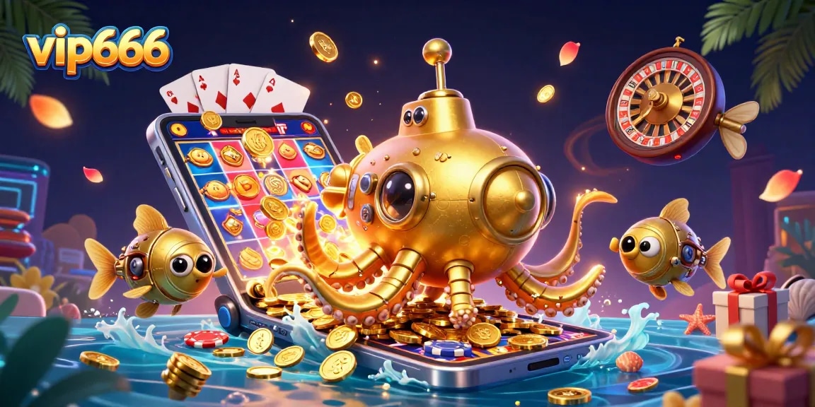 Join the adventure at vip666 with a colorful slot game, golden coins, and a whimsical kraken!